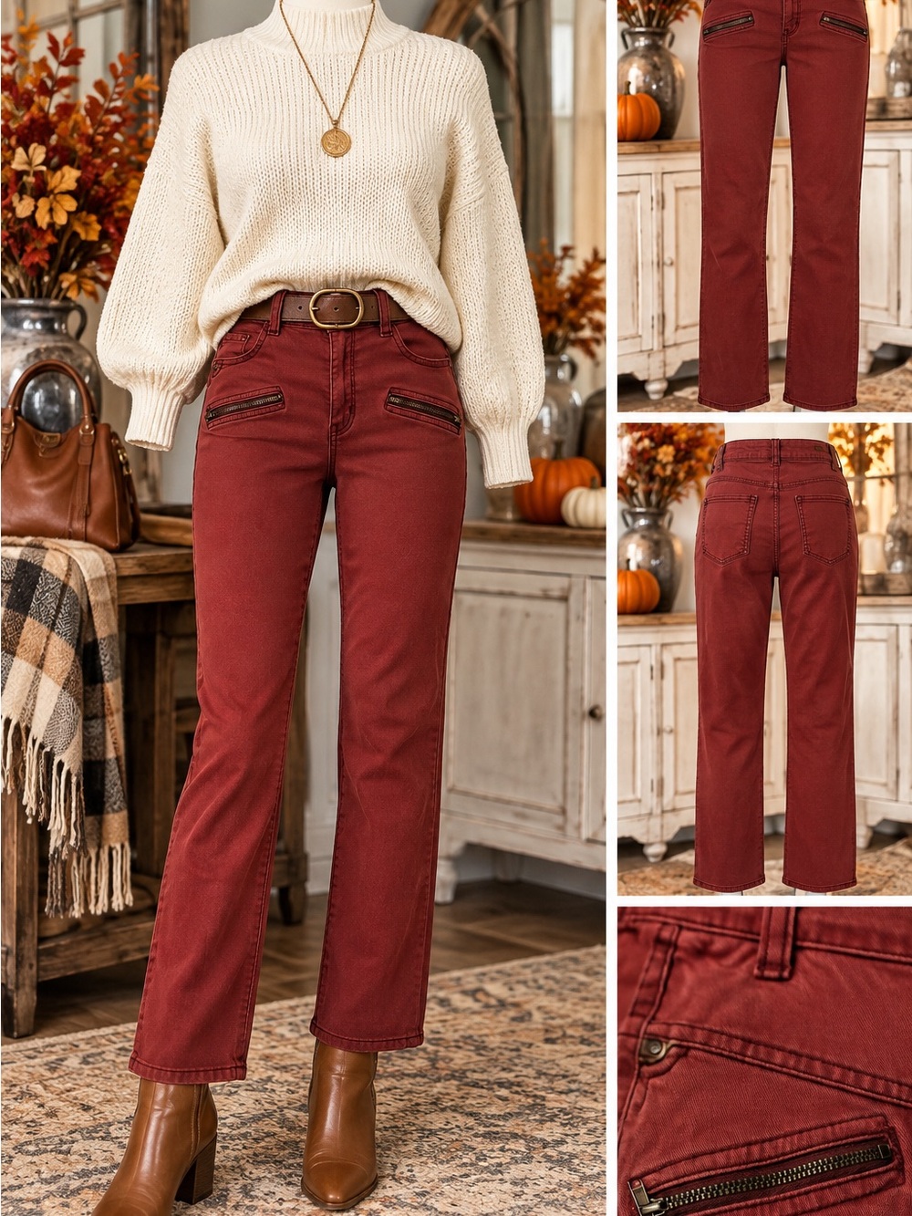 Pilcro No. 29 Jeans Womens 29 Brick Red Straight Leg Moto Zip Pockets